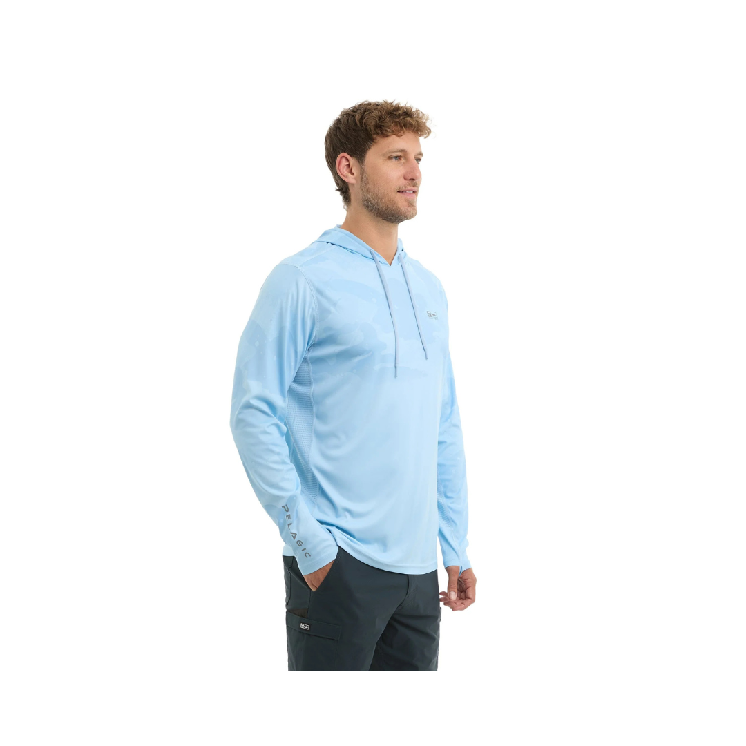 PELAGIC VAPORTEK HOODED FISHING SHIRT - BRUSH CAMO (FADE) LIGHT BLUE